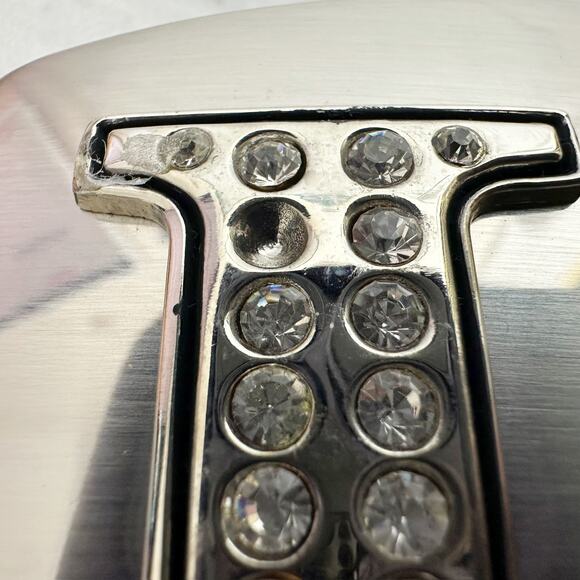 Rhinestone Studded U Letter Initial Monogram Silver Tone Belt Buckle - Picture 5 of 9